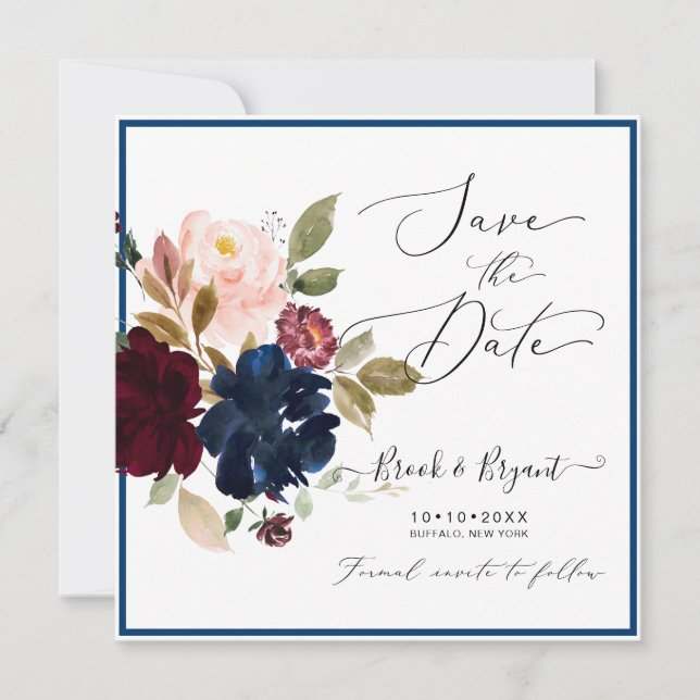 Watercolor Dusty Blue Burgundy Blush Roses Invitation (Front)
