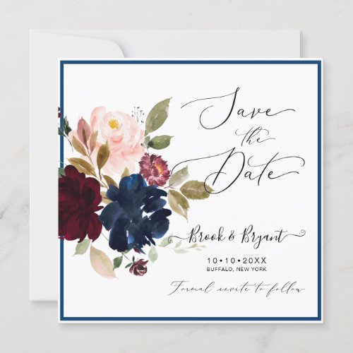 Watercolor Dusty Blue Burgundy Blush Roses Invitation