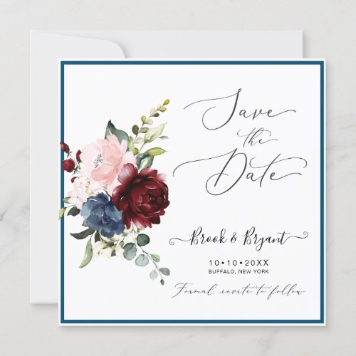 Watercolor Dusty Blue Burgundy Blush Roses Invitation