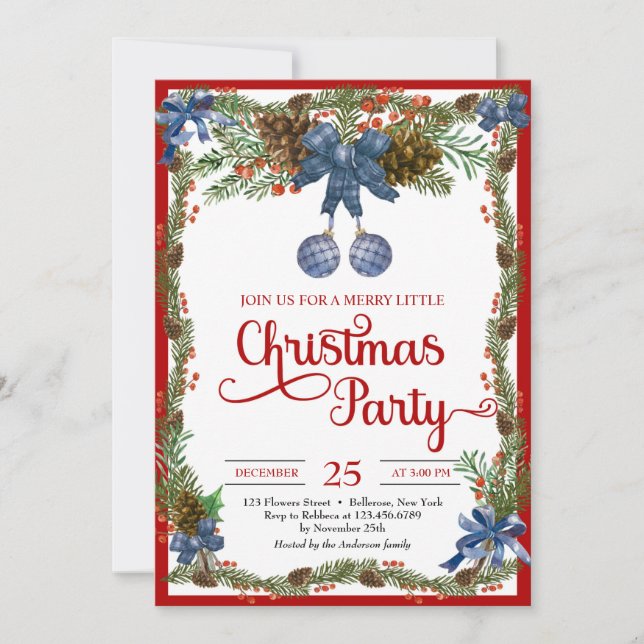 Watercolor dusty blue christmas balls ribbons   in invitation (Front)