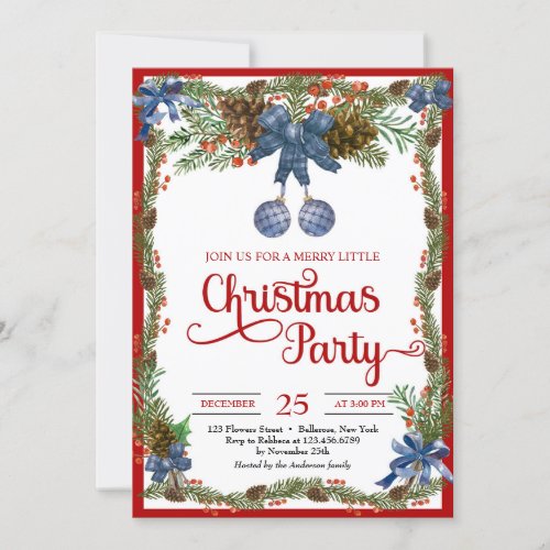 Watercolor dusty blue christmas balls ribbons   in invitation