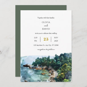 Watercolor Dusty Blue Coastal Woodsy Beach Wedding Invitation