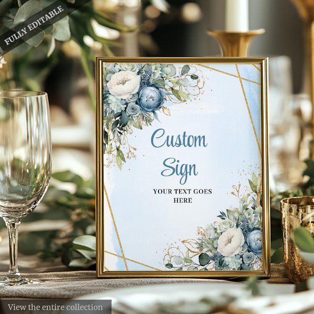 Watercolor Dusty Blue Eucalyptus DIY Wedding Sign (Watercolor dusty blue eucalyptus wedding sign with gold accents — elegant and customizable.)