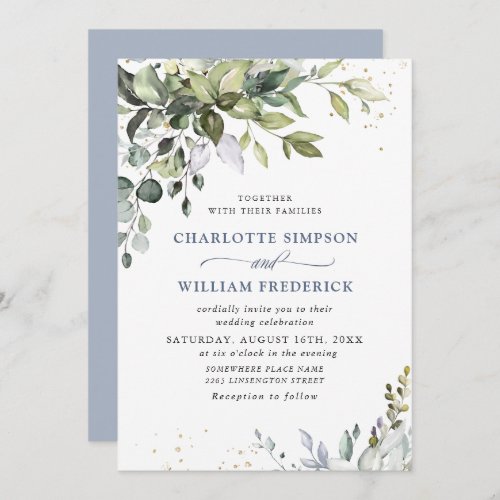 Watercolor Dusty Blue Eucalyptus Greenery Wedding Invitation