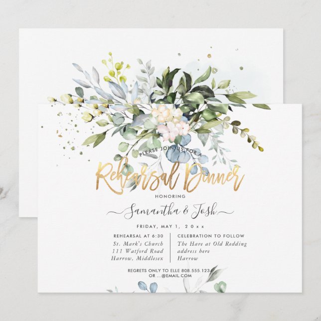 Watercolor Dusty Blue Eucalyptus Rehearsal Dinner Invitation (Front/Back)