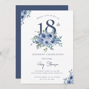 Watercolor Dusty Blue Floral 18th Chic Birthday In Invitation