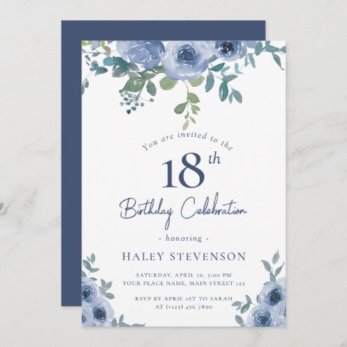 Watercolor Dusty Blue Floral 18th Chic Birthday Invitation
