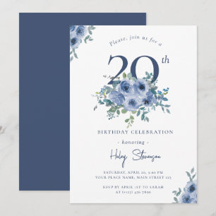 Watercolor Dusty Blue Floral 20th Chic Birthday In Invitation