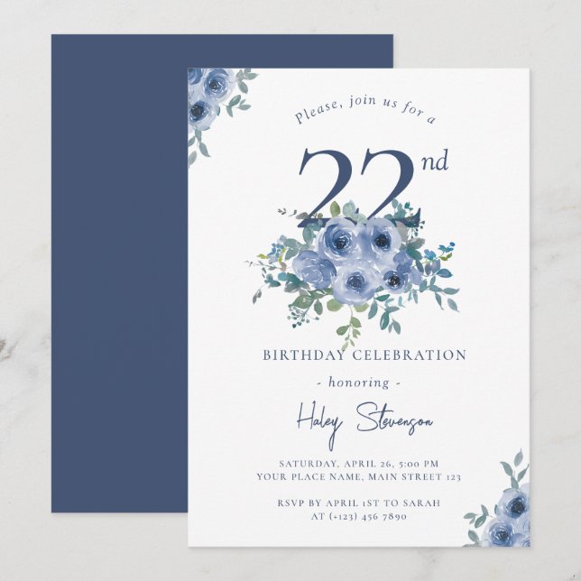 Watercolor Dusty Blue Floral 22nd Chic Birthday Invitation (Front/Back)