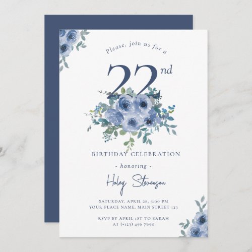 Watercolor Dusty Blue Floral 22nd Chic Birthday Invitation