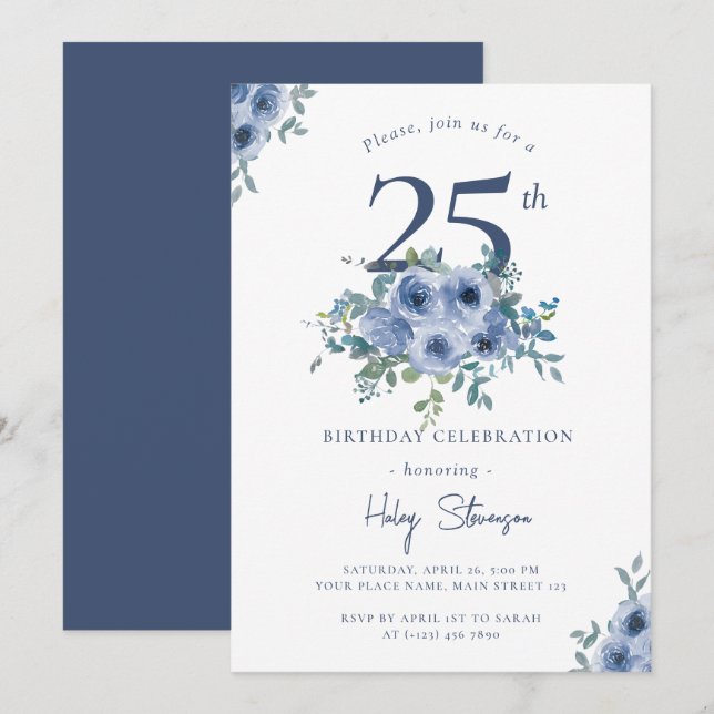 Watercolor Dusty Blue Floral 25th Chic Birthday Invitation (Front/Back)