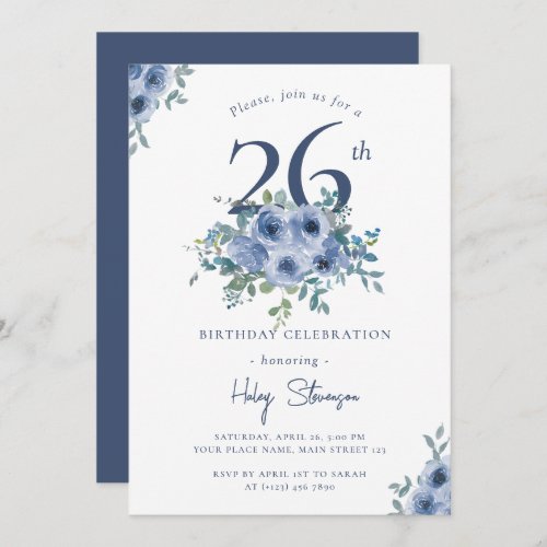 Watercolor Dusty Blue Floral 26th Chic Birthday Invitation