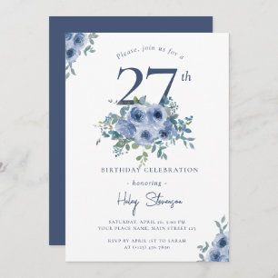 Watercolor Dusty Blue Floral 27th Chic Birthday Invitation