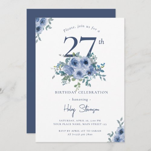 Watercolor Dusty Blue Floral 27th Chic Birthday Invitation