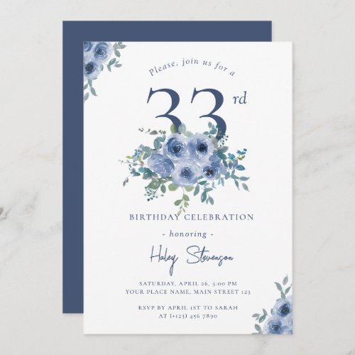 Watercolor Dusty Blue Floral 33rd Chic Birthday Invitation