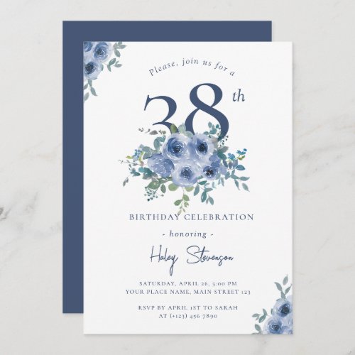 Watercolor Dusty Blue Floral 38th Chic Birthday Invitation