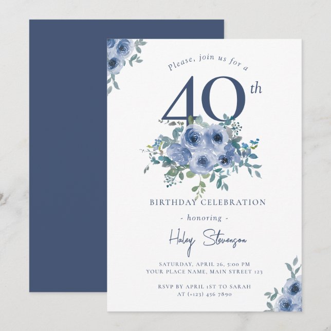 Watercolor Dusty Blue Floral 40th Chic Birthday Invitation (Front/Back)