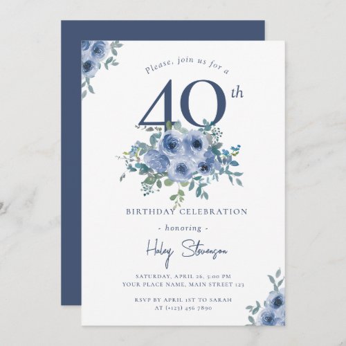 Watercolor Dusty Blue Floral 40th Chic Birthday Invitation
