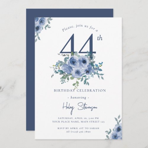 Watercolor Dusty Blue Floral 44th Chic Birthday Invitation