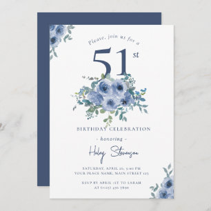 Watercolor Dusty Blue Floral 51st Chic Birthday Invitation