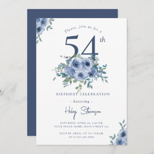 Watercolor Dusty Blue Floral 54th Chic Birthday Invitation