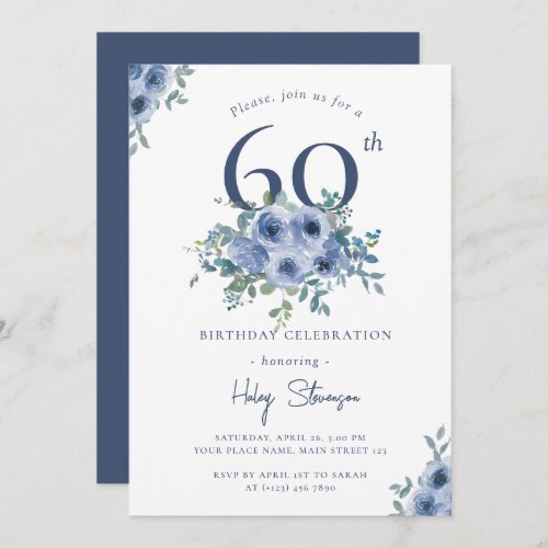 Watercolor Dusty Blue Floral 60th Chic Birthday Invitation