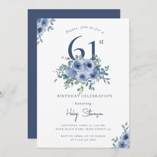 Watercolor Dusty Blue Floral 61st Chic Birthday Invitation