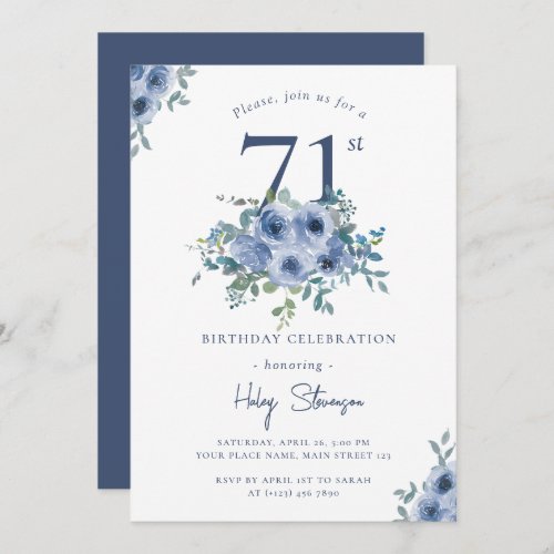 Watercolor Dusty Blue Floral 71st Chic Birthday Invitation