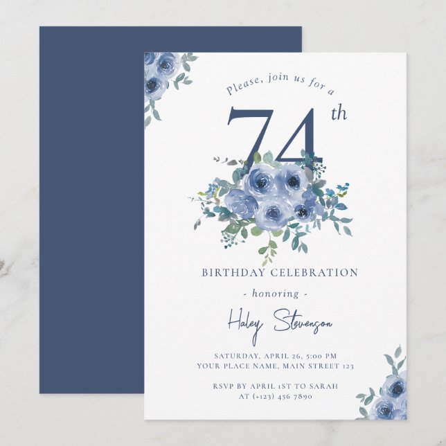Watercolor Dusty Blue Floral 74th Chic Birthday Invitation (Front/Back)
