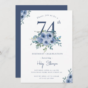 Watercolor Dusty Blue Floral 74th Chic Birthday Invitation