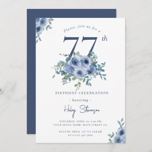 Watercolor Dusty Blue Floral 77th Chic Birthday Invitation