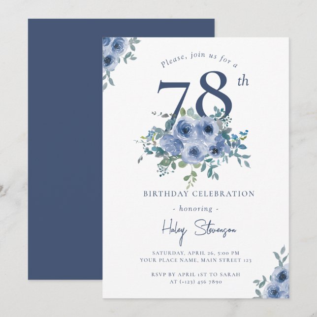 Watercolor Dusty Blue Floral 78th Chic Birthday Invitation (Front/Back)