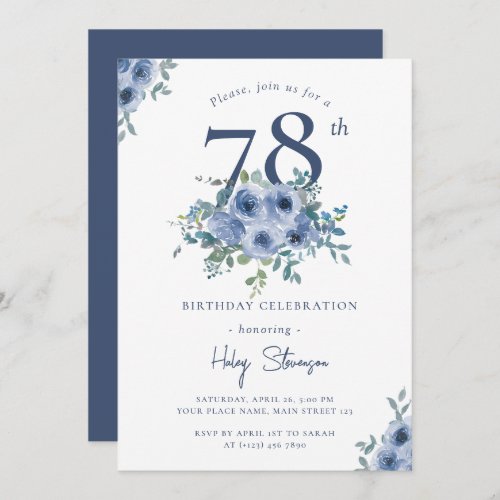 Watercolor Dusty Blue Floral 78th Chic Birthday Invitation