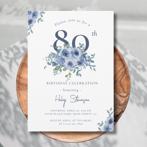 Watercolor Dusty Blue Floral 80th Chic Birthday Invitation