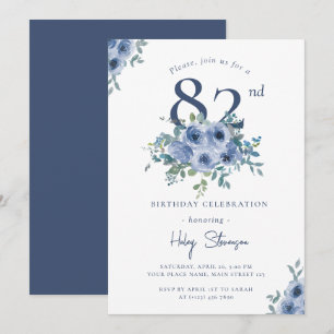 Watercolor Dusty Blue Floral 82nd Chic Birthday Invitation