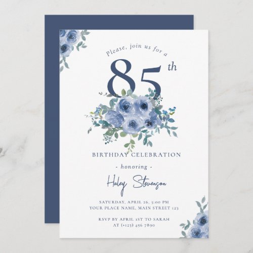 Watercolor Dusty Blue Floral 85th Chic Birthday Invitation