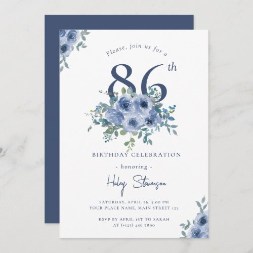 Watercolor Dusty Blue Floral 86th Chic Birthday Invitation