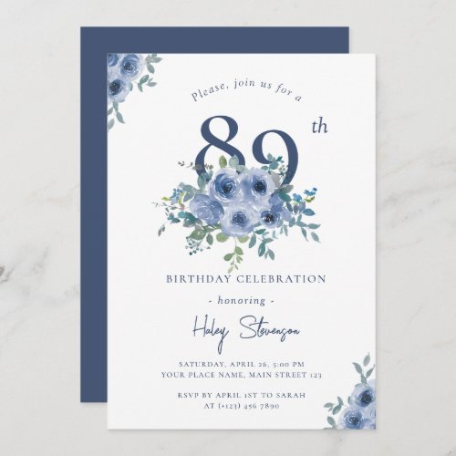 Watercolor Dusty Blue Floral 89th Chic Birthday Invitation