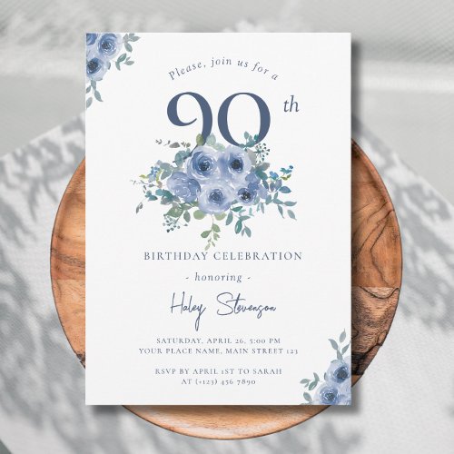 Watercolor Dusty Blue Floral 90th Chic Birthday Invitation