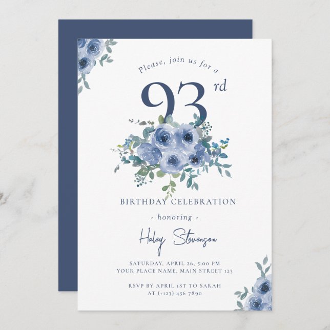 Watercolor Dusty Blue Floral 93rd Chic Birthday Invitation (Front/Back)
