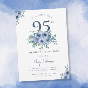 Watercolor Dusty Blue Floral 95th Chic Birthday Invitation