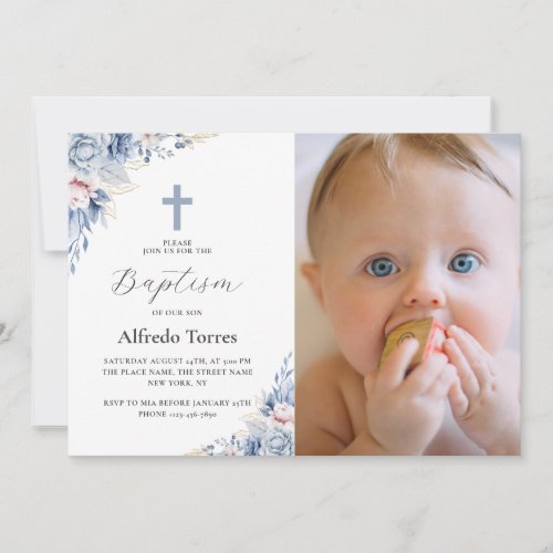 Watercolor Dusty Blue Floral Baby Photo Baptism Invitation