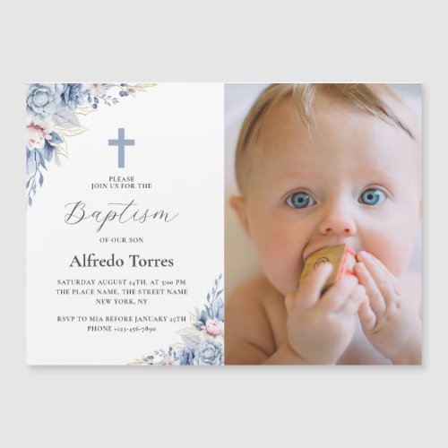 Watercolor Dusty Blue Floral Baby Photo Baptism Magnetic Invitation