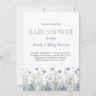 Watercolor Dusty Blue Floral Baby Shower Invitation