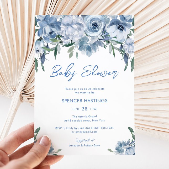 Watercolor Dusty Blue Floral Baby Shower Invitation (Creator Uploaded)