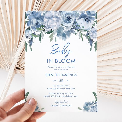 Watercolor Dusty Blue Floral Baby Shower Invitation