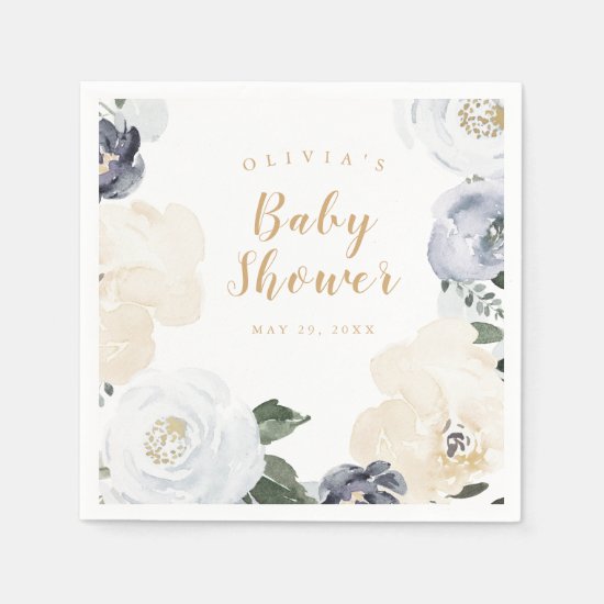 watercolor dusty blue floral baby shower napkin