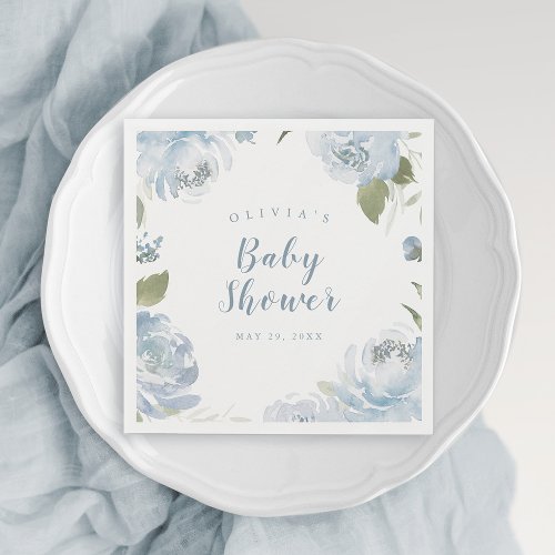 Watercolor dusty blue floral baby shower napkins