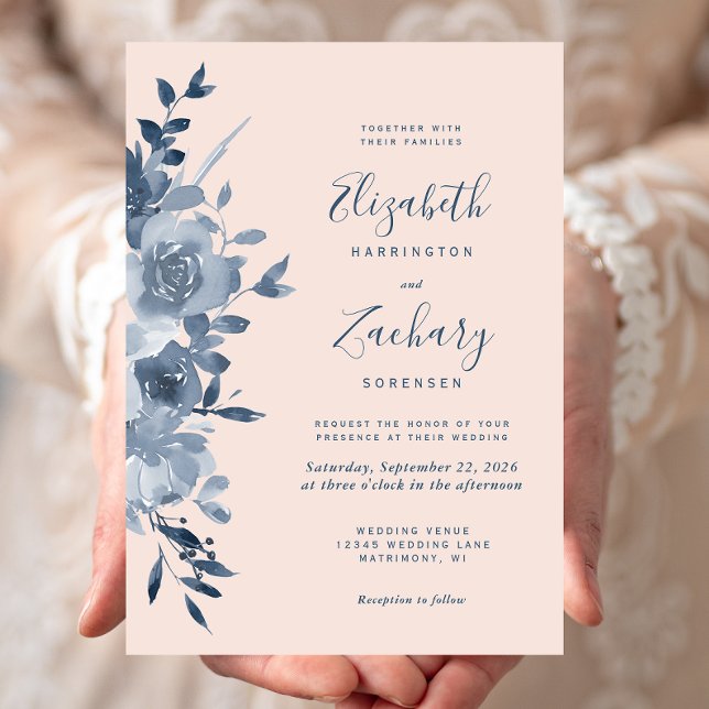Watercolor Dusty Blue Floral Blush Pink Wedding Invitation (Creator Uploaded)