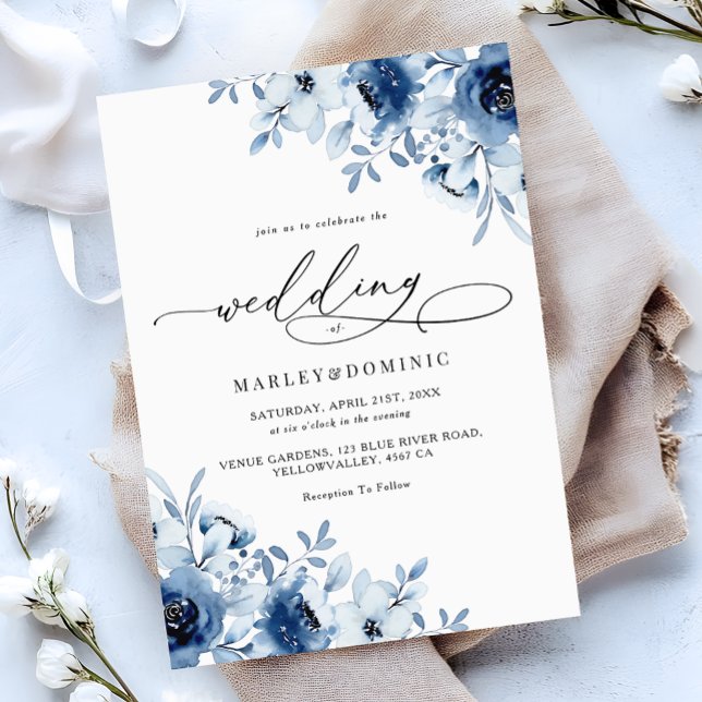 Watercolor Dusty Blue Floral Boho Modern Wedding Invitation (Creator Uploaded)